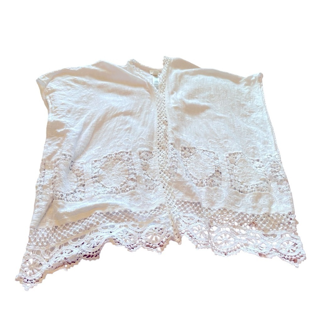 Chico’s Ladies Sleeveless White Gauzy Cotton/Lace/Embroidered Cardigan- Size S/M